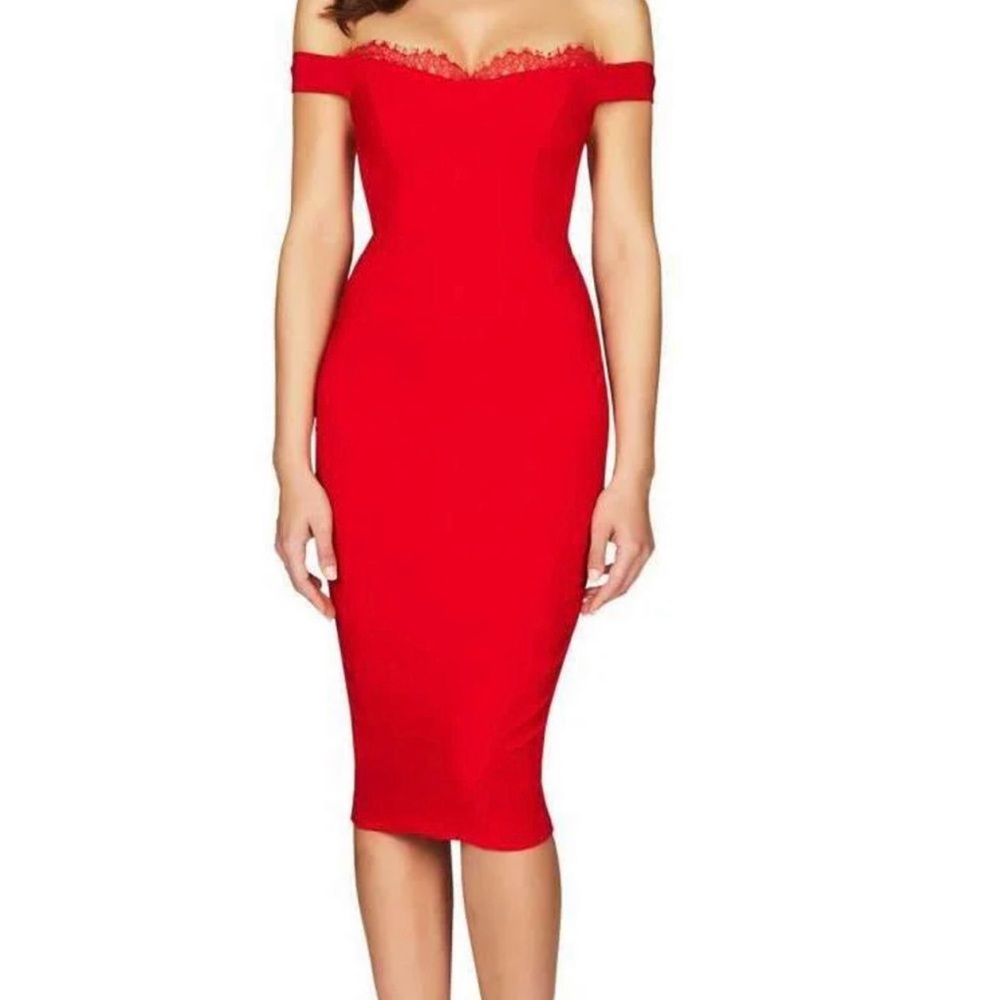 Nookie Chloe Lace off Shoulder Midi Red XS NWT